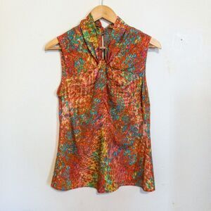 Anne Klein Twist Front Sleeveless Blouse-Medium-Watercolor Pattern-Keyhole Back